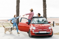 couple-car-greeting-woman-with-dog-outdoors